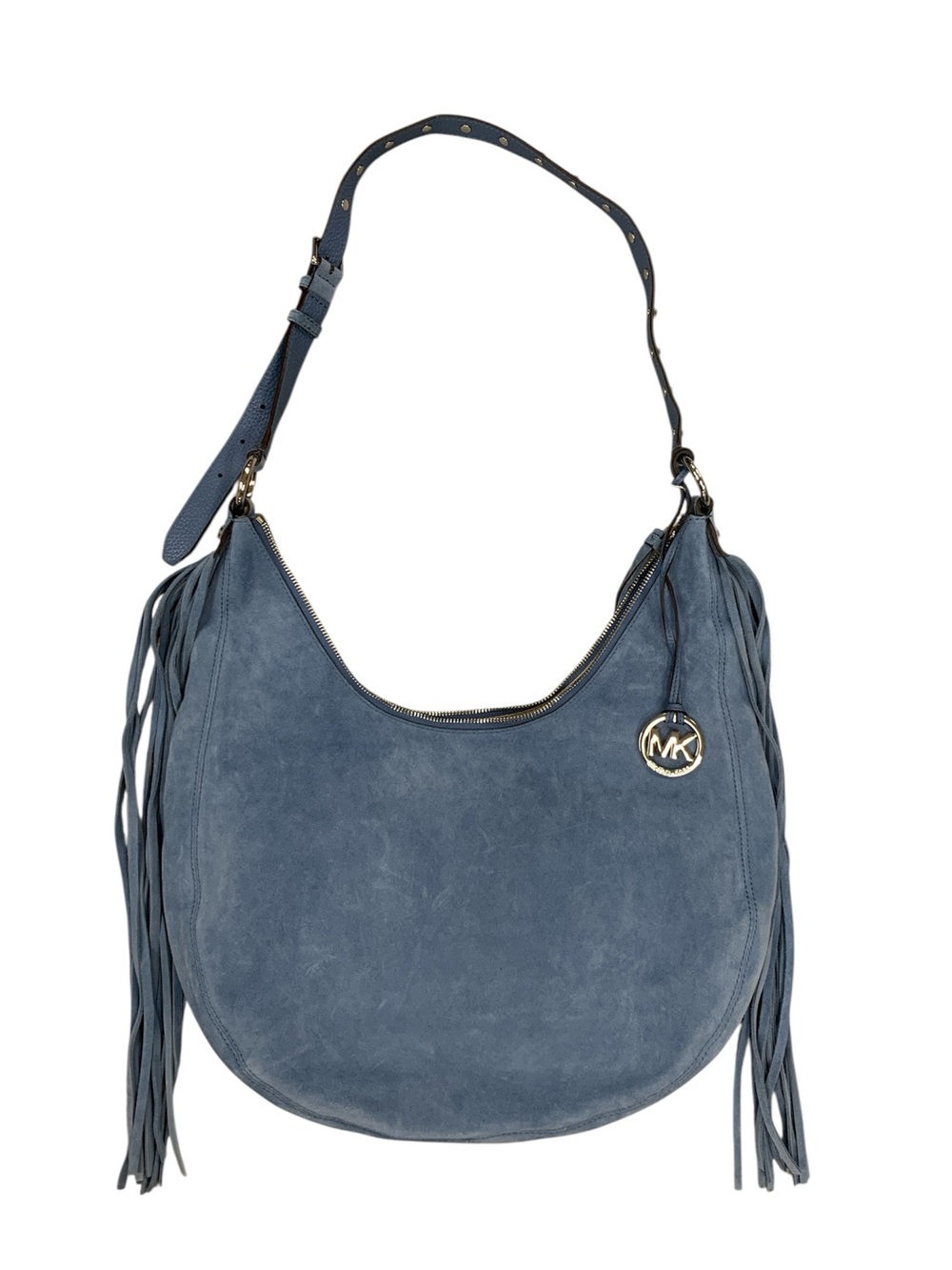 Michael Kors Dusty Blue Suede Fringe Hobo Shoulder Bag